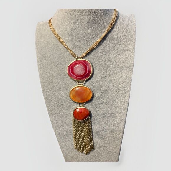 NWT Chico’s Faux Stone Goldtone Tassel Statement Necklace Red Orange - Picture 1 of 9